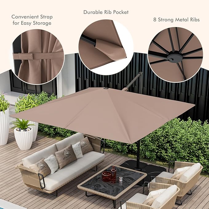 Tangkula 9.5 FT Cantilever Patio Umbrella, Outdoor Square Offset Umbrella with 360° Rotation, Heavy Duty Patio Hanging Umbrella with Cross Base for Garden Deck Pool Backyard (Tan)