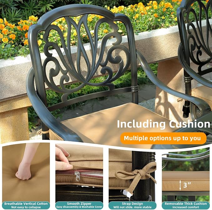 MEETWARM 5-Piece Outdoor Patio Dining Set, All-Weather Cast Aluminum Patio Conversation Set for Backyard Garden Deck with 4 Chairs, 4 Cushions and 35.4" Square Table, 2.2" Umbrella Hole