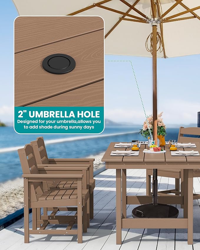 SERWALL 7 Pcs HDPE Dining Set, 1 Umbrella Hole Table & 6 Chairs, Brown | HDPE Outdoor Dining Furniture with Rectangular Table & 6 Chairs, All-Weather Resistant SERWALL Dining Set for 6