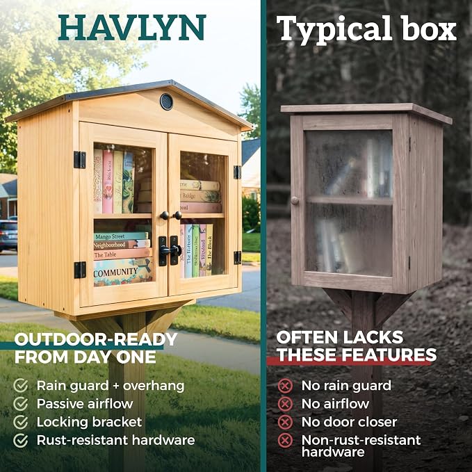 HAVLYN Little Library Box Outdoor Kit – Solid Wood Free Little Library with Metal Roof – Weather Resistant Blessing Box for Community Sharing