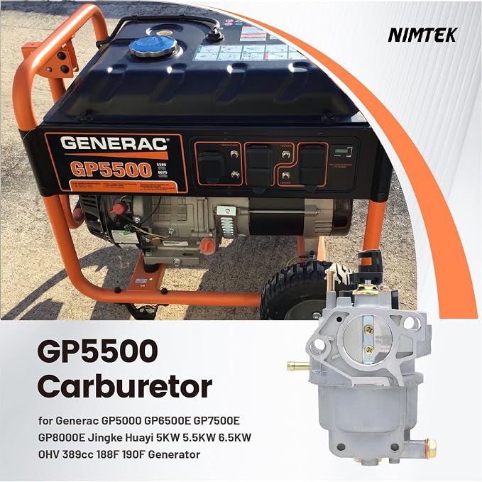 NIMTEK GP5500 GP6500 Carburetor with Filter for Generac GP5000 GP6500E GP7500E GP8000E Jingke Huayi 5KW 5.5KW 6.5KW OHV 389cc 188F 190F Generator Replace 0J58620157 0G8442A11