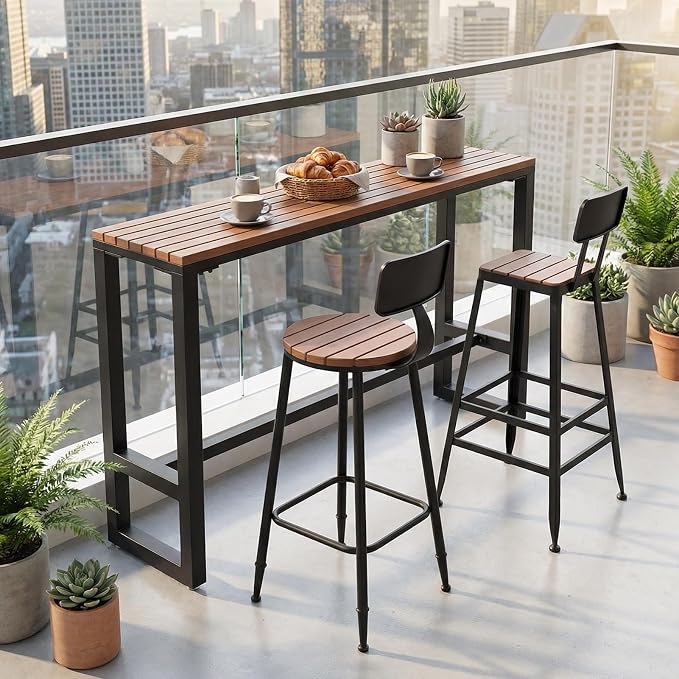 Outdoor Bar Table Weather Resistant, Wood Counter Height Bar Table Rain Sun Protection, Extra Long High Top Table 47.2"-102.4", for Patio, Garden, Yard, Balcony, Poolside(Black,78.7"x15.7"x40.5")