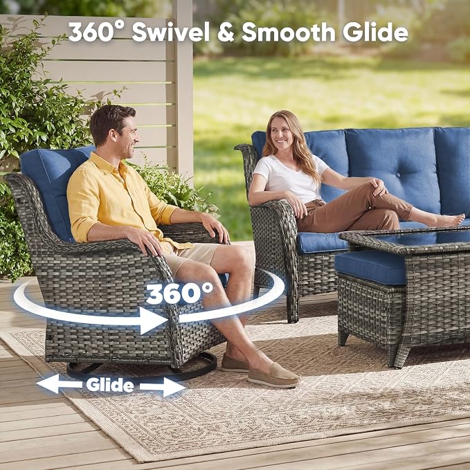 Belord 13 Piece Wicker Patio Furniture Set, Outdoor Swivel Rocker Chairs Set of 4 with Ottomans and Rattan Couch, All Weather Patio Conversation Furniture Set, for Pool,Yard Gray Wicker/Blue