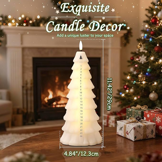 Christmas Tree Candles with Remote, Real Wax Christmas Countdown Candle, Countdown to Christmas Battery Operated Candles, Xmas Flameless Advent Candle for Table Decor