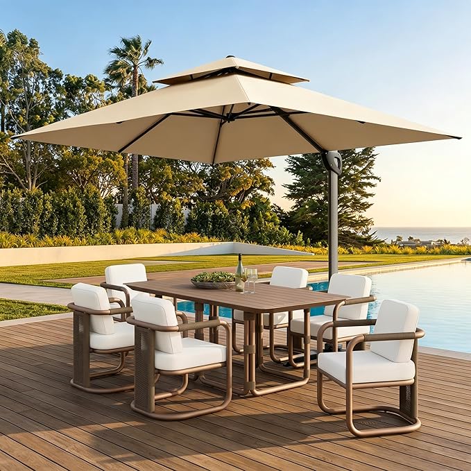 Sophia & William Cantilever Patio Umbrella 12ft, Offset Large Outdoor Umbrellas with 360°Rotation, Heavy Duty Hydraulic Double Umbrella for Garden Pool Backyard, Beige (no base)