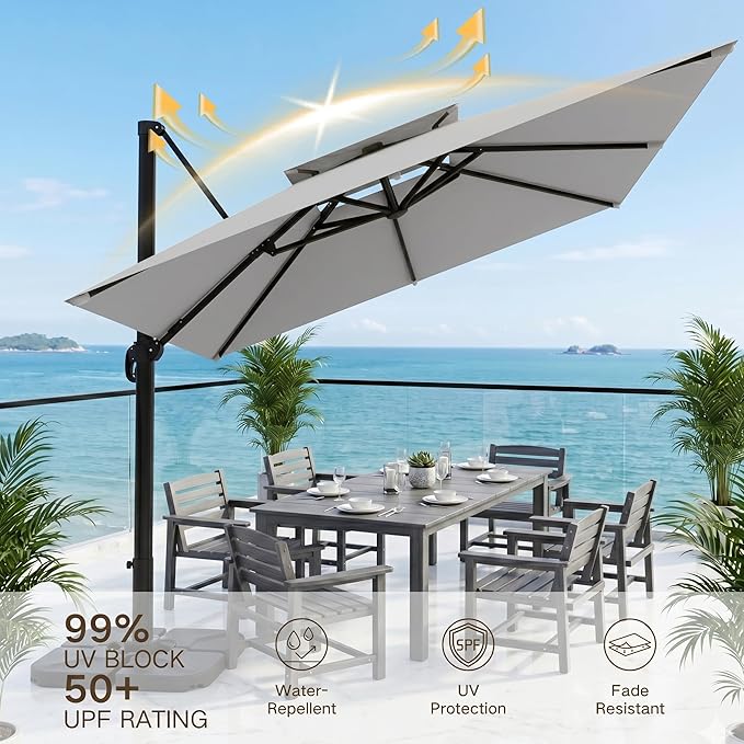 Kingdura Cantilever Patio Umbrella with Double Top Vent, Large Square Aluminum Outdoor Offset Umbrella with 360-degree Rotation, Infinite Tilt, UV Protection for Pool Deck Garden Patio