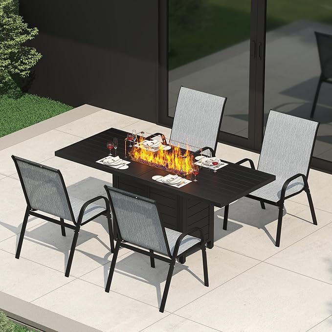 PIZZELLO 5-Pieces Patio Furniture Set w/ 60" Propane Firepit Table and 6 Patio Dining Chairs, Outdoor Conversation Set 50,000 BTU Aluminum Gas Fire Pit Stackable Patio Chairs Set of 4 for Backyard