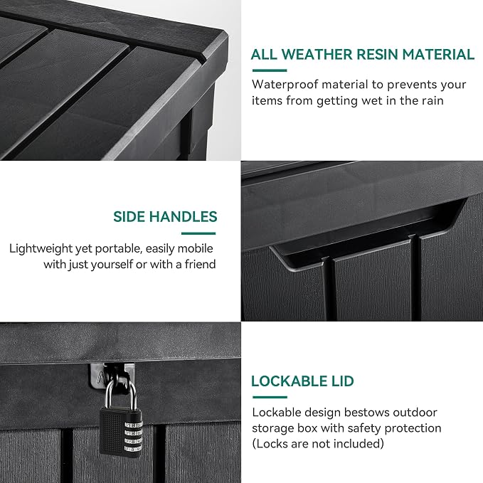 YITAHOME Deck Box, 51 Gallon Weatherproof Outdoor Storage Container for Patio Cushions, Pool Supplies, Garden Tools, Lockable Lid and Side Handles, Black
