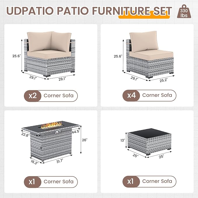 UDPATIO Patio Furniture Set with Fire Pit Table, 8 Pcs Outdoor Sectional Sofa, PE Wicker Patio Conversation Set for Garden, Backyard (Beige Cushions with Grey Rattan)