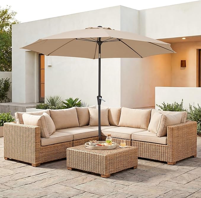 JEAREY 9FT Outdoor Patio Umbrella, Market Umbrella with 8 Fiberglass Ribs & Tilt/Crank, UV Protection & Wind-Resistant Pool Umbrella for Lawn Garden Deck Backyard, Cream Beige