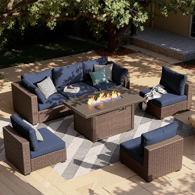 7 Pieces Patio Furniture Sets Outdoor Sectional Sofa with 44'' Propane Rattan Wicker Firepit Table, Patio Sectional Conversation Set with Cushions for Backyard, Poolside, Garden Blue