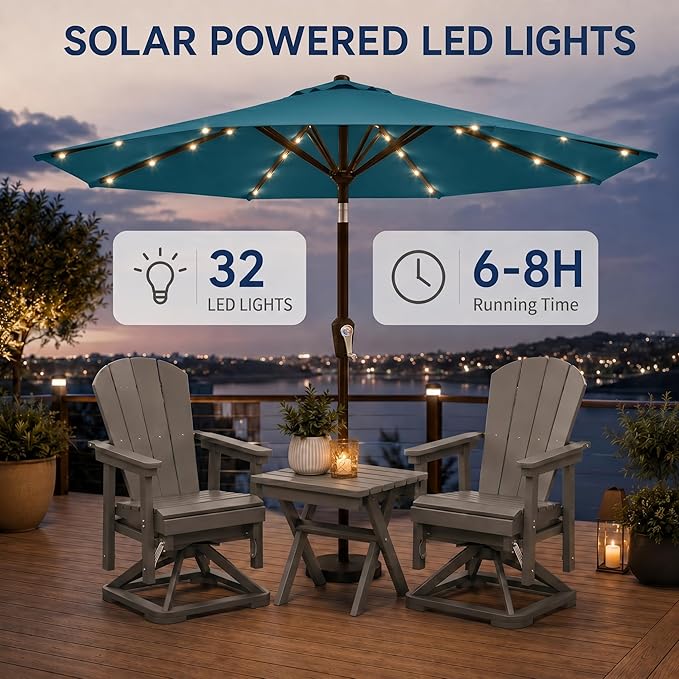 11FT Solar Patio Umbrella with Lights, Outdoor Table Market Umbrella with 32 LED Lights, 8 Sturdy Ribs, Smooth Crank Lift for Pool, Deck and Garden, UV-Resistant