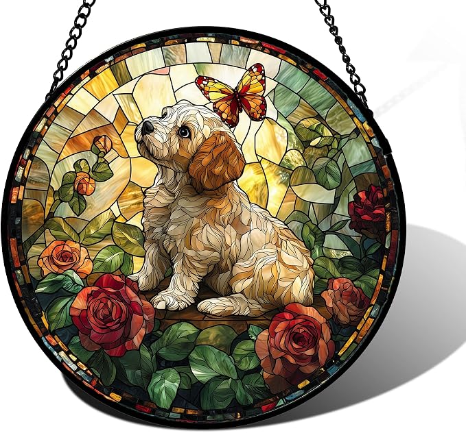 DASTOLL Stained Glass Window Hanging, Cute Dog and Flowers Suncatcher for Doors Home Butterfly Sun Catchers Decoration and Christmas, Mother's Day Birthday Gifts for Women, Men, and Mom 6.3 in