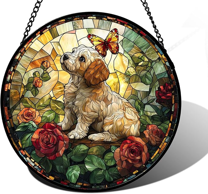DASTOLL Stained Glass Window Hanging, Cute Dog and Flowers Suncatcher for Doors Home Butterfly Sun Catchers Decoration and Christmas, Mother's Day Birthday Gifts for Women, Men, and Mom 11.8x11.8 in