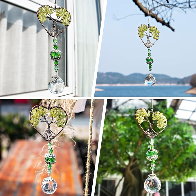 Green Tree of Life Crystal Suncatcher Car Rear View Mirror Charm Decor | Crystal Tree of Life Suncatcher Rainbow Maker Feng Shui Pendant for Car Rear View Mirror Window Garden Home Office Decor