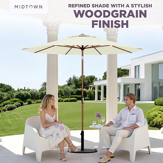 Midtown Umbrellas Wooden 2-8 Ft Patio Umbrella with 360° Swivel & Tilt Mechanism, 8 Fiberglass Ribs & Sunbrella Fabric - Outdoor Umbrella for Deck, Pool & Garden - Burgundy Canopy, Wooden Pole