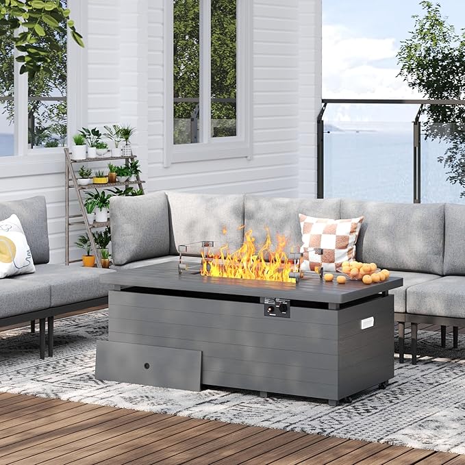 Metal Patio Furniture Set, 9 Pieces Outdoor Sectional Couch Sets with Fire Pit Table, 6" Thick Cushion Outdoor Conversation Set for Deck, Patio & Courtyard (Gray)