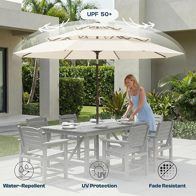 10ft Patio Umbrella, 3 Tier Outdoor Market Table Umbrellas with 8 Fiberglass Ribs and Push Button Tilt, Windproof, Vented Canopy, UV Protection for Deck, Pool, Backyard