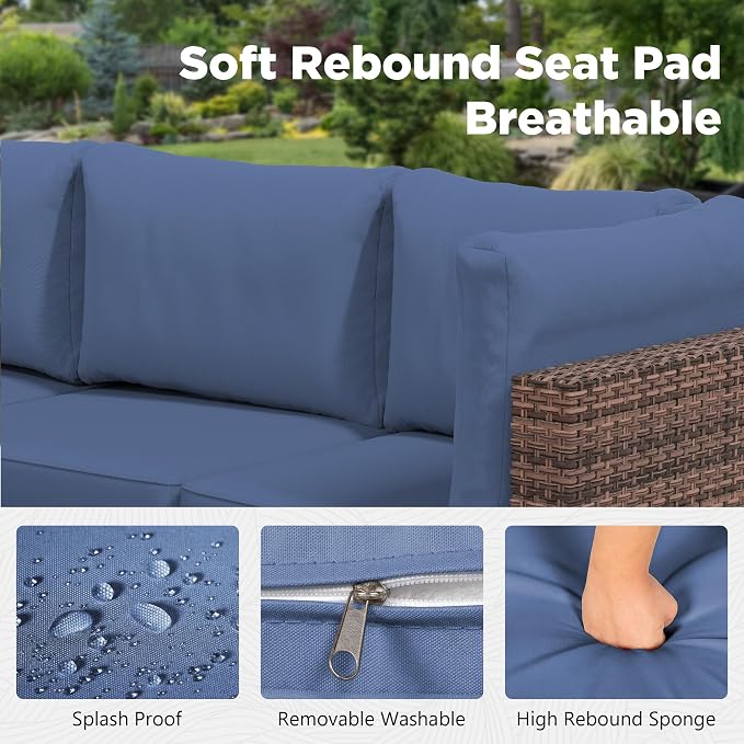 LHBcraft Patio Furniture Set,7 Pieces Outdoor Wicker Rattan Patio Furniture with Rain Cover, Wicker Rattan Outdoor Sectional Sofa Set with Coffee Table for Garden, Taupe-Blue