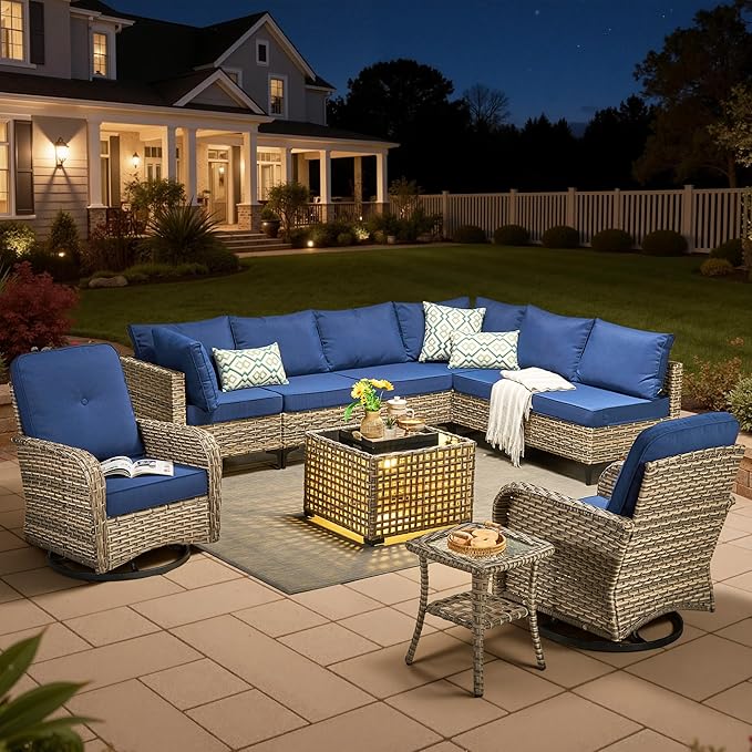 10 Pieces Outdoor Sectional Patio Furniture Set with Swivel Rocking Chairs,Wicker Conversation Sets Rattan L Shaped Couch,Modular Outdoor Sofa for Porch Balcony Backyard Navy Blue