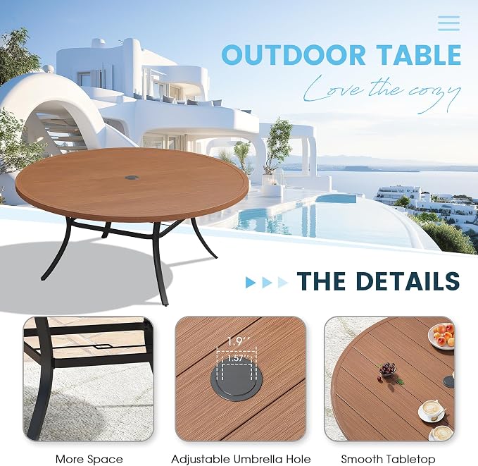 Patio Dining Table for 8-10, Round Metal Outdoor Table with 1.57" Umbrella Hole, 63" Outdoor Slat Tabletop Dining Table for Backyard, Porch, Lawn, Walnut