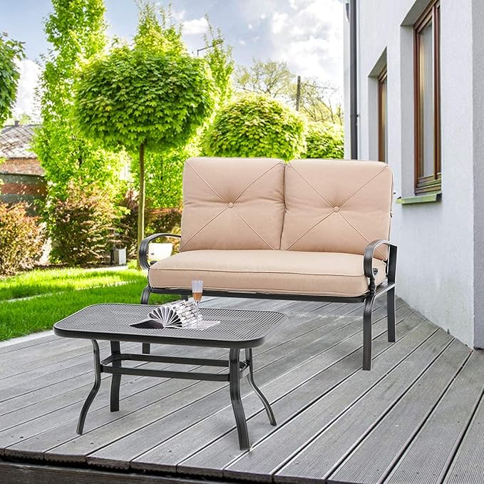 Outdoor 2 Pcs Patio Loveseat Bench Set with Bistro Coffee Table and Patio Steel Frame Sofa with Cushion, Wrought Iron Look, Lawn Front Porch Garden (Brown)
