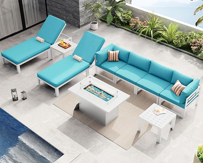 NICESOUL 9 Pcs Large Modern Aluminum Outdoor Sofa with Lounge & Fire Pit Table, 29" Deep Wide Seat, 500 lbs Durable Sectional Set for Heavy People, All-Weather Patio Furniture Set for Deck, Turquoise