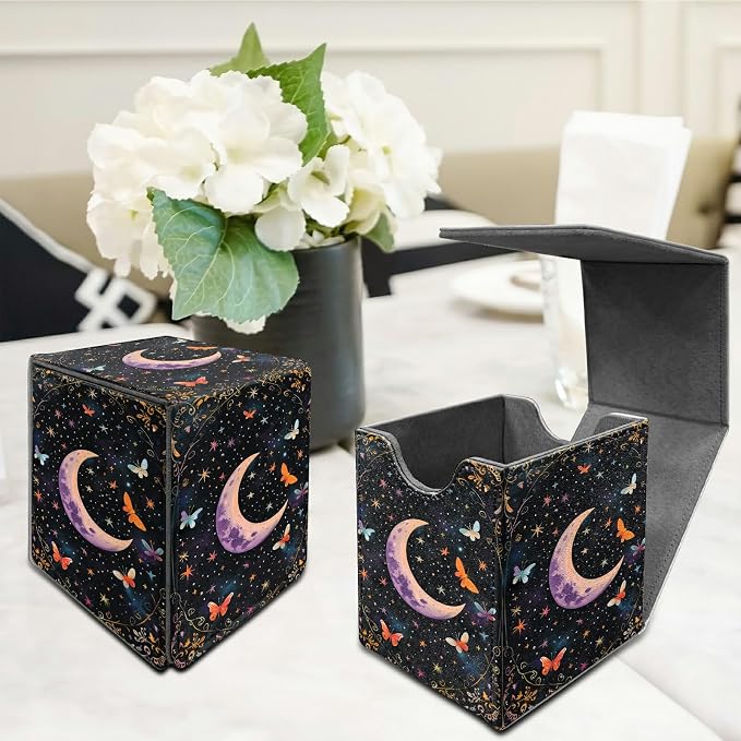 Butterfly Dark Moon Card Deck Box for MTG, Personalized Card Storage Case Fits 120+ Sleeved Cards, Premium Leather TCG Box with Strong Magnetic Closure for Magic, CCG, PTCG, Baseball Cards
