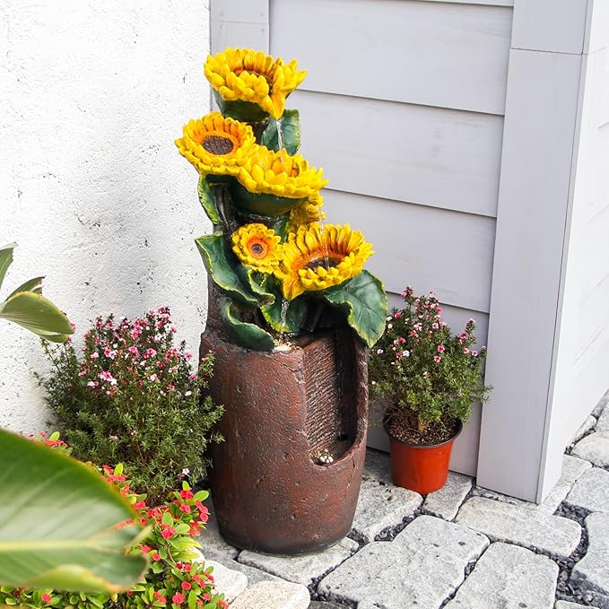 YZM Cascading Sunflower Water Fountain 39.7 Inch Tall 4-Tier Outdoor Fountain for Garden Patio Backyard Freestanding Decorative Waterfall with Lights