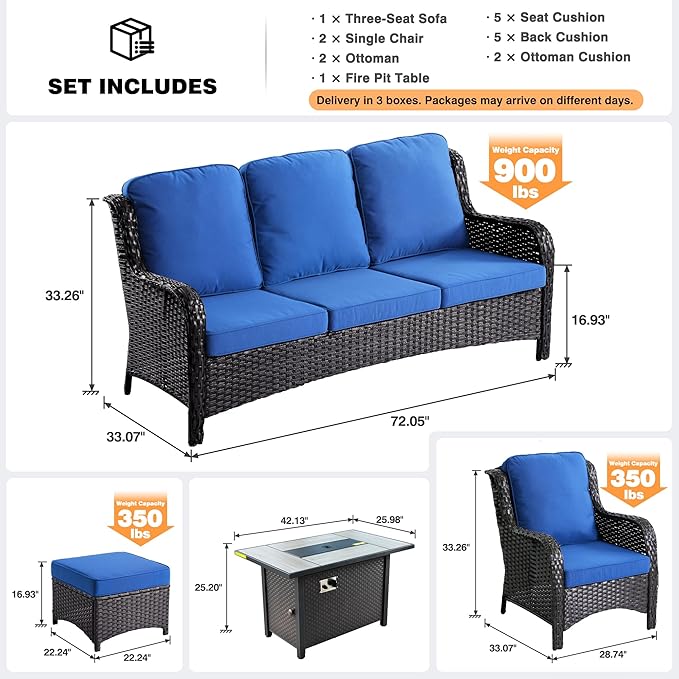 ovios 6-Pieces Patio Furniture Set with 42 Inch Fire Pit Table, Outdoor Wicker Sofa Couch Ottomans Comfy Cushions, High Back Modern Conversation Set, Brown Rattan, Navy Blue