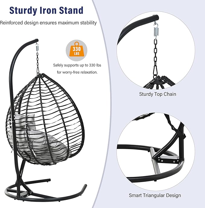 Folding Egg Chair, Outdoor Hanging Hammock Chair with Stand, Patio Wicker Hanging Chair with Iron Frame and Plush Cushion & Removable Headrest for Bedroom, Balcony, Garden (BlackGrey-A)