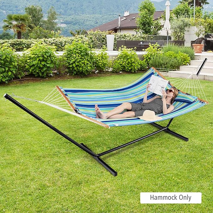 GYMAX Hammock, Portable Hammocks with Spreader Bars & Detachable Pillow, Quick Dry Adjustable Folding Camping Hammock for Outdoor Patio Beach Picnic Poolside