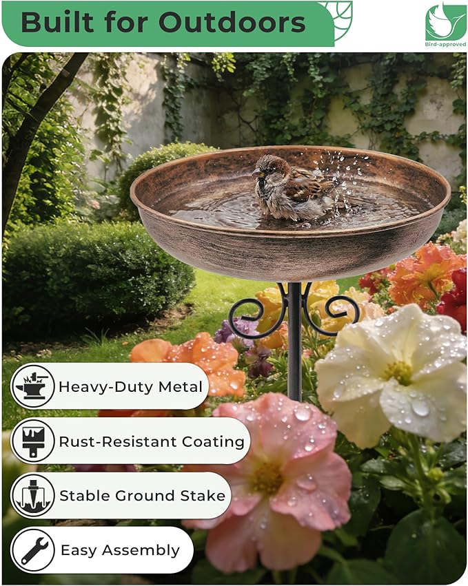 Small Metal Bird Bath for Outdoors, 10" Dia Bowl with Stake Birdbaths Garden Yard Lawn Decor 0.4 Gallon
