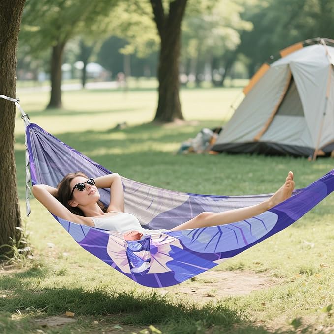 Cartoon Purple Morning Glory Flowers Birds 330lb Capacity Hammocks for Camping with Portabl Carry Bag Hanging Hammock for Patio Backyard Lounge Base jamaca para Patio