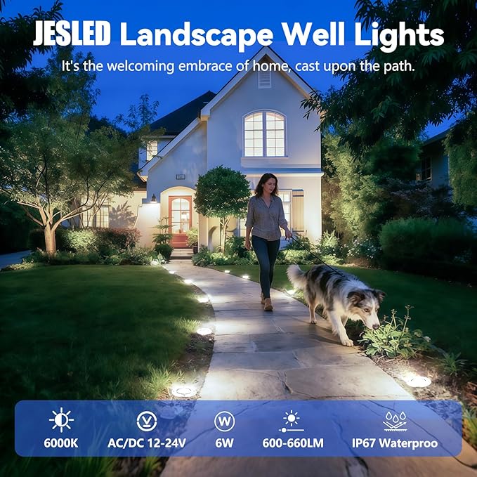 JESLED Low Voltage Landscape Lights, 6W LED Well Lights IP67 Waterproof, 6000K Bright White In-Ground Lights with Wire Connectors for Pathway, Deck, Patio, Yard, Garden (8 Pack)