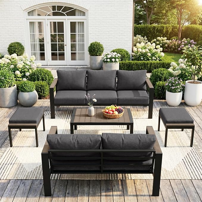Outdoor Patio Furniture Set 5 Pieces Luxury Aluminum Patio Conversation Set with Coffee Table and 2 Ottoman 7 Seats, Thick Cushions, Large Sectional Sofa for Porch, Balcony, Yard, Dark Gray