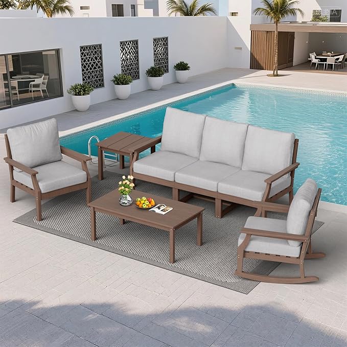 HDPE Patio Conversation Set, 7-Piece All Weather Outdoor Furniture Set with 1 Single Rocking Armchairs for Deck, Lawn, with Cushion, Brown