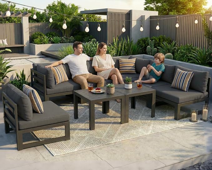 RADIATA 8 Pcs L Shaped Contemporary Aluminum Outdoor Furniture Set, 29" Deep Wide Couch Set for 500 lbs High Weight Capacity, Large Modular Patio Sectional Sofa with Coffee Table for Garden, Dark Grey