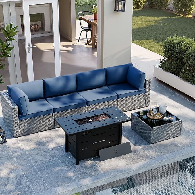 SUNLEI 5 Piece Outdoor Patio Furniture Set with Fire Pit Table, Silver PE Rattan Wicker Conversation Sofa Set with Blue Cushions, All Weather Sectional Patio Couch for Backyard, Deck, Garden, Porch