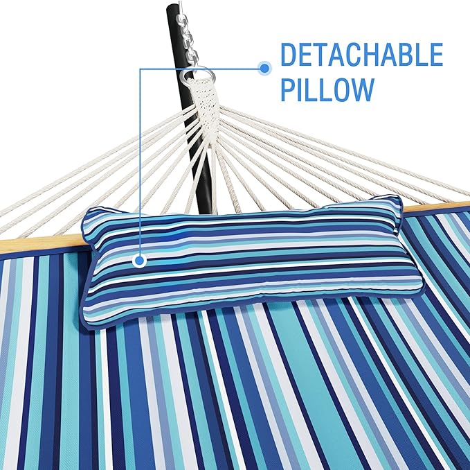 MUPATER 12FT Double Hammock with Stand Included, 2 Person, Outdoor Quilted Hammock with Stand, Rope with Pad and Pillow, para adultos, Striped Blue