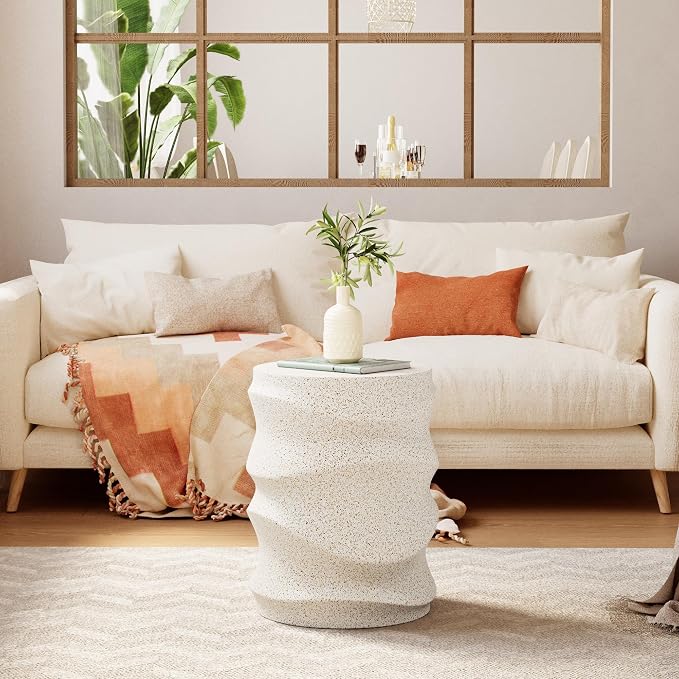HOMPUS Outdoor Side Table, Patio End Table w Water Wave, Unique MgO Round Lightweight Concrete Accent Table, Modern Vintage Plant Stand Garden Tool for Indoor Outdoor Use, Warm White