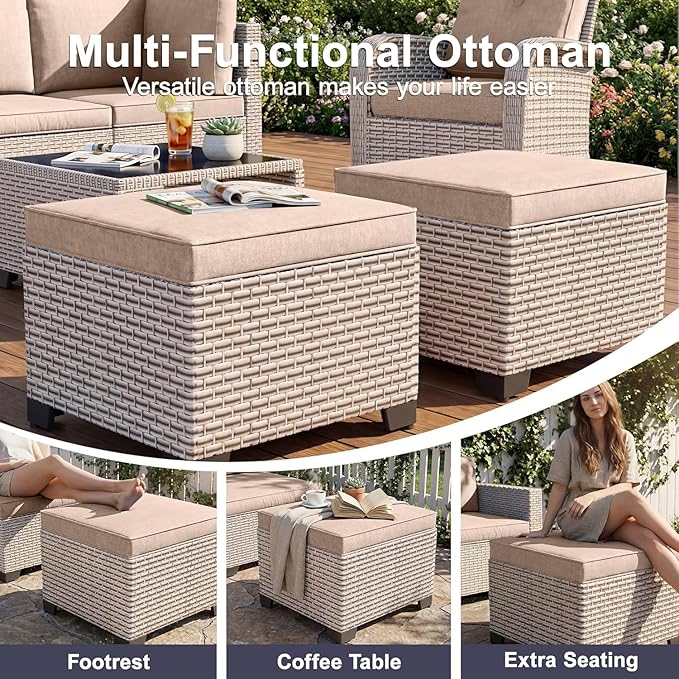 Patio Furniture Set, 10-Piece Outdoor Sectional Sofa with 60,000 BTU Fire Pit Table & Ottomans, Wicker Patio Conversation Set with Coffee Table, Khaki Cushions