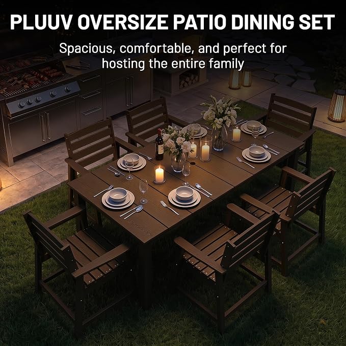 PLUUV Outdoor Dining Set for 8 Person, HDPE Large Table with Aluminum Legs and 8 Armless Chairs, All-Weather Patio Dining Furniture Set with Umbrella Hole for Backyard, Garden, Coffee