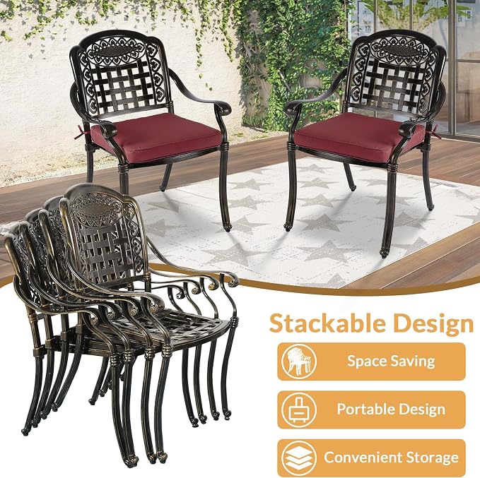 9 Piece Outdoor Patio Dining Set for 8, Cast Aluminium Large Square Dining Table & 8 Cushioned Stackable Chairs, Umbrella Hole, Patio Furniture Set for Garden Porch Poolside, Chili Red