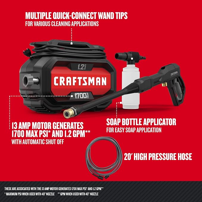 CRAFTSMAN 20V MAX Cordless Leaf Blower Kit with Battery & Charger Included (CMCBL710D1) Red | Craftsman Electric Pressure Washer, Cold Water, 1700-PSI, 1.2-GPM, Corded (CMEPW1700)
