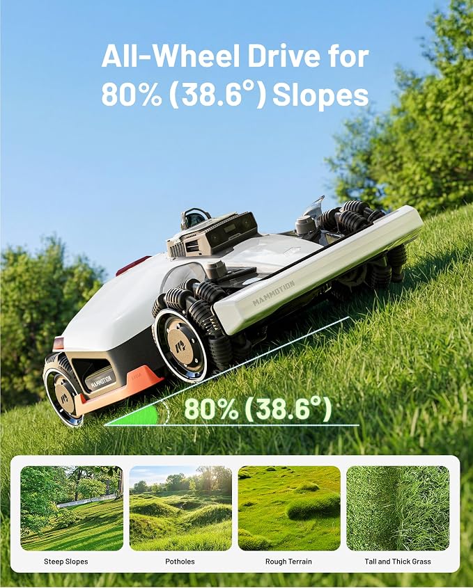 Mammotion LUBA 3 AWD 5000 Robot Lawn Mower with Garage (Ship Separately), 1.25 Acres, 360° LiDAR+NetRTK+AI Vision, All-Wheel-Drive for 80% Slopes, 50 Multi-Zone Management, Cutting Height 1.0"-2.7"