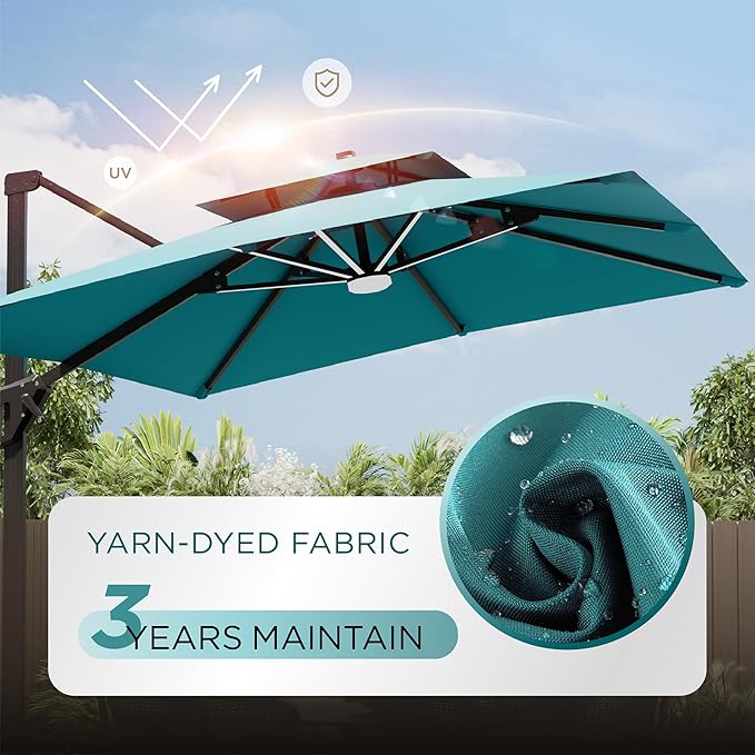 10' X 13' Patio Umbrella with Weighted Base and LED Lights Outdoor Cantilever Large Rectangle Offset Umbrellas Heavy Duty Aluminum Double Top with 360-degree Rotation for Pool Garden Deck, Turquoise