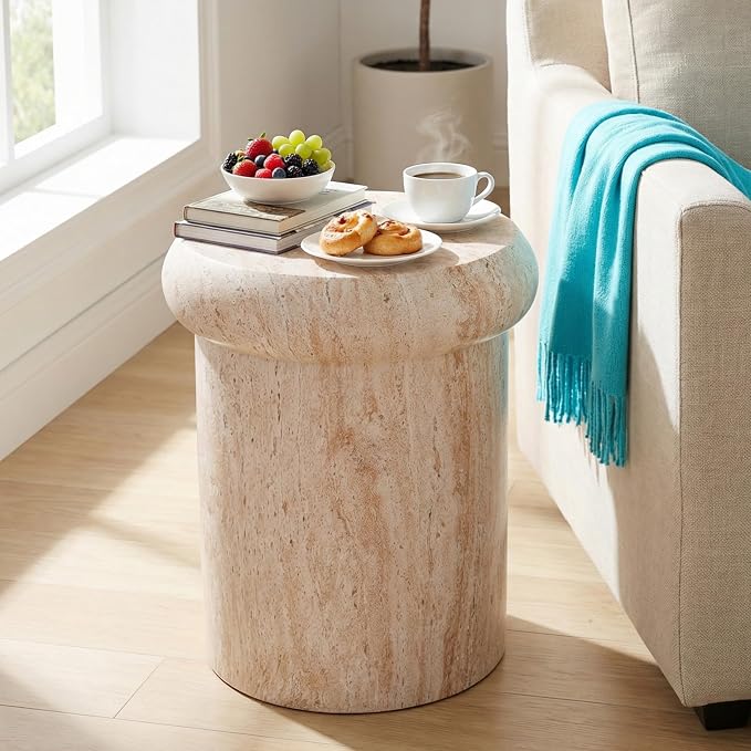 Christopher Knight Home 18.11 Inch Sculptural MGO Side Table Modern Round End Table Faux Travertine Indoor Outdoor Pedestal Accent Table