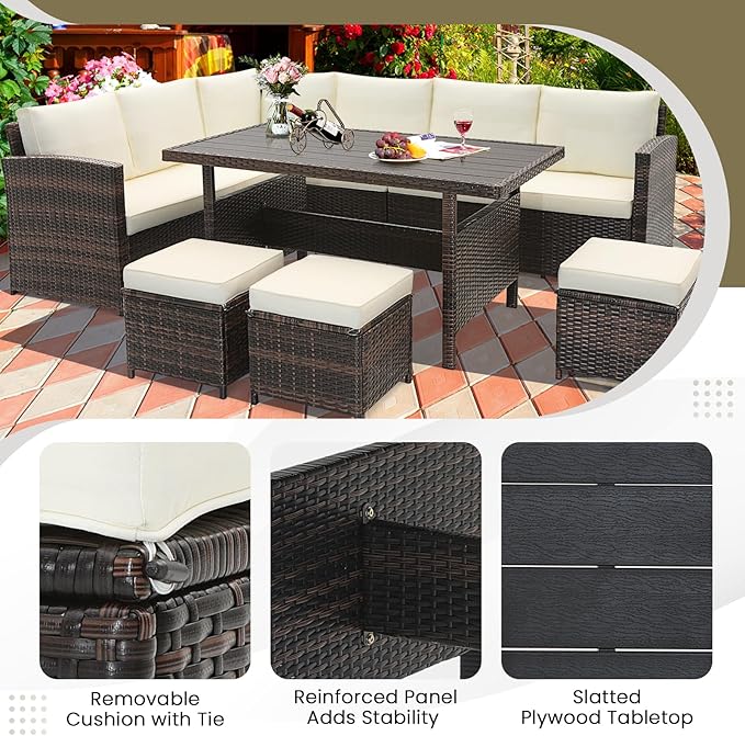 KOTEK 7 Pieces Patio Furniture Set, Wicker Outdoor Conversation Set with Dining Table & Ottomans, PE Rattan Outdoor Sectional Sofa Set for Backyard, Deck, Poolside (Off White)