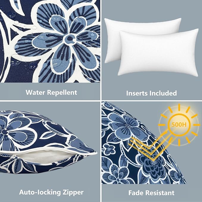 LVTXIII Set of 2 Outdoor Lumbar Pillows for Patio Furniture with White Piping, 12"x20" Fade Resistant Patio Lumbar Pillows with Inserts for Home Coach Sofa Use, Flower Navy
